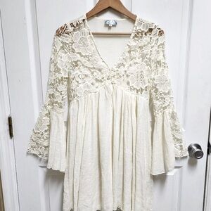 J Gee Dress Cream Crepe Embroidered Crochet Lace Lined Babydoll Bell Sleeves 3X